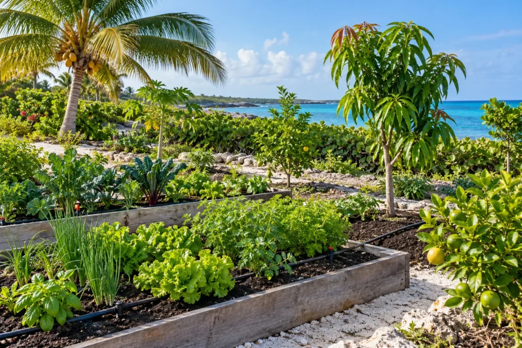 Tropical home garden on Rum Cay, Bahamas