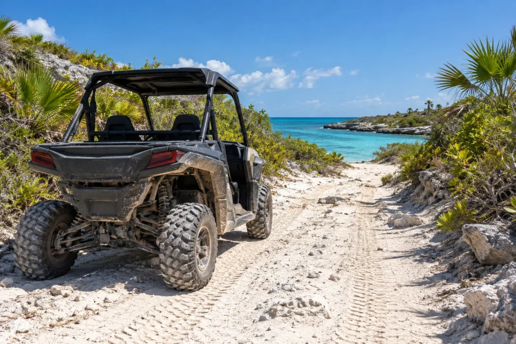 Getting around Rum Cay by golf cart and side-by-side